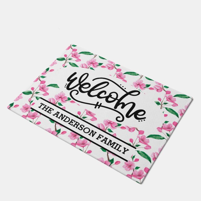 Custom Pink Cherry Blossom Floral Welcome Doormat (Angled)