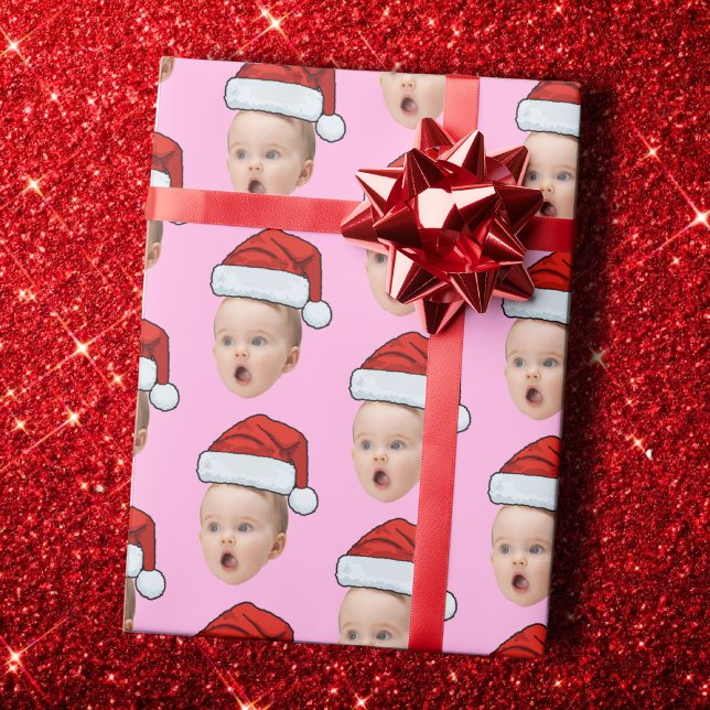 Custom Pink Christmas Face Photo Santa Hat  Wrapping Paper (Creator Uploaded)