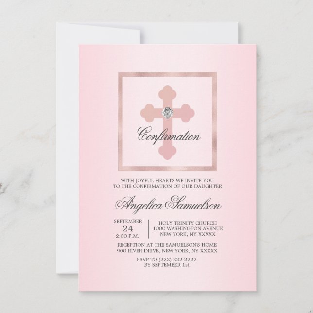 Custom Pink Cross Confirmation Ceremony GIRL Invitation (Front)