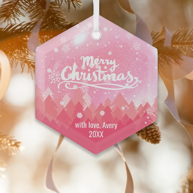 Custom Pink Crystal Snow Forest Merry Christmas  Glass Ornament (Creator Uploaded)