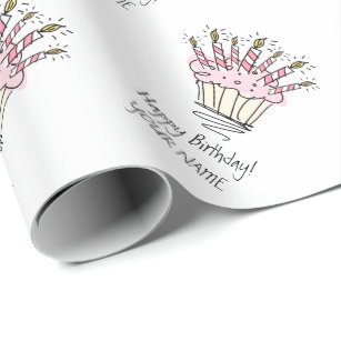 Custom pink cupcake with Birthday candles drawing Wrapping Paper