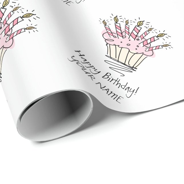 Custom pink cupcake with Birthday candles drawing Wrapping Paper (Roll Corner)