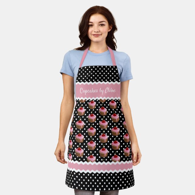 Custom Pink Cupcakes Polkadots Pattern On Black Apron (Worn)