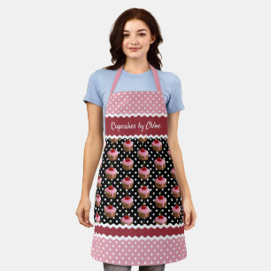 Custom Pink Cupcakes Polkadots Pattern On Black Apron