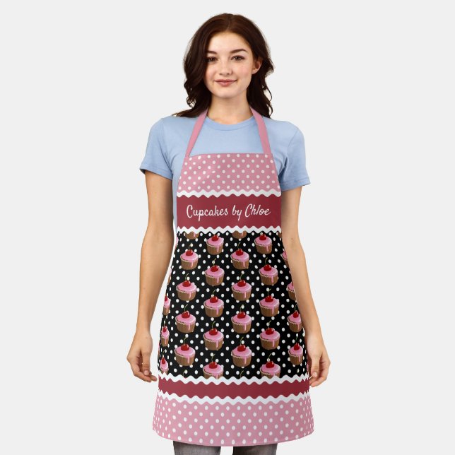 Custom Pink Cupcakes Polkadots Pattern On Black Apron (Worn)