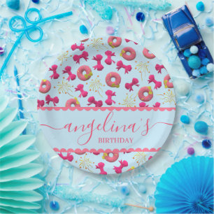 Custom pink cute donut and bow pattern birthday paper plates