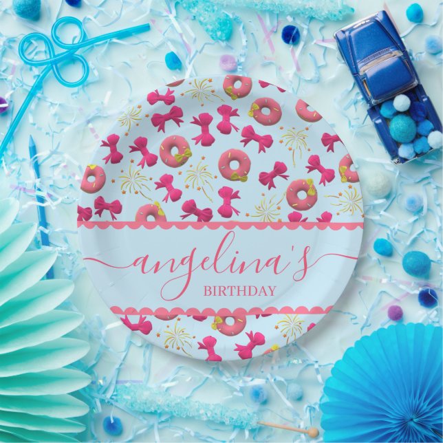 Custom pink cute donut and bow pattern birthday paper plates (Party)