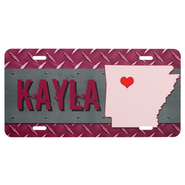 Custom Pink Diamond Plated Heart State of Arkansas License Plate (Front)