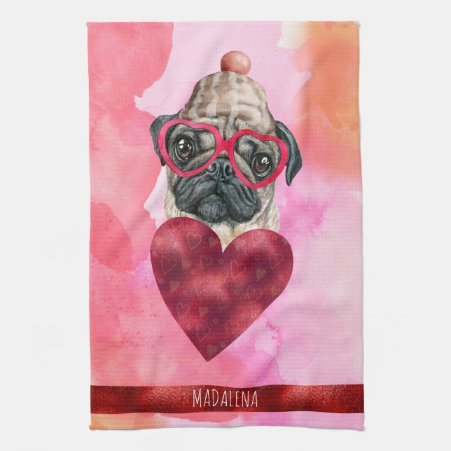 Custom Pink Dog Lover Valentine Gift Pug Kitchen Towel (Vertical)