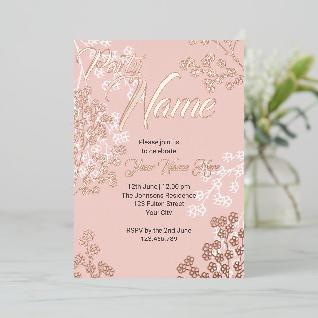 Custom Pink Elegant Floral Blooming Party Foil Invitation (Standing Front)