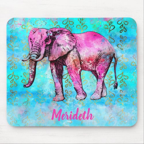 Custom Pink Elephant Blue Gold Watercolor Trendy Mouse Pad
