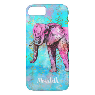 Custom Pink Elephant Blue Watercolor Trendy iPhone 8/7 Case