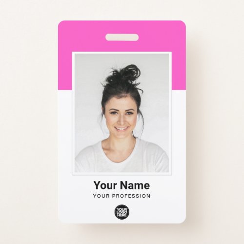 Custom Pink Employee Large Photo Purple Logo Name Badge