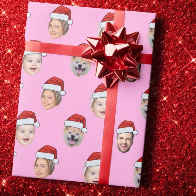 Custom Pink Face Santa Hat Family 4 Photos Pink Wrapping Paper (Creator Uploaded)