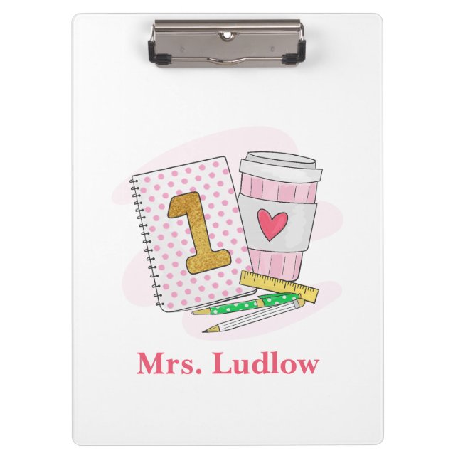 Custom Pink First Grade Teacher School Clipboard (Front)