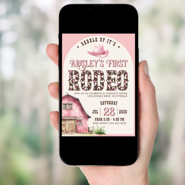 Custom Pink First Rodeo Pink Arched Photo Birthday Invitation (Front Digital)