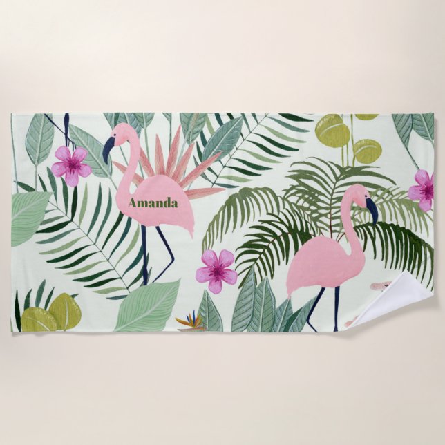 Custom Pink Flamingo Green Leaf Bachelorette  Beach Towel (Front)
