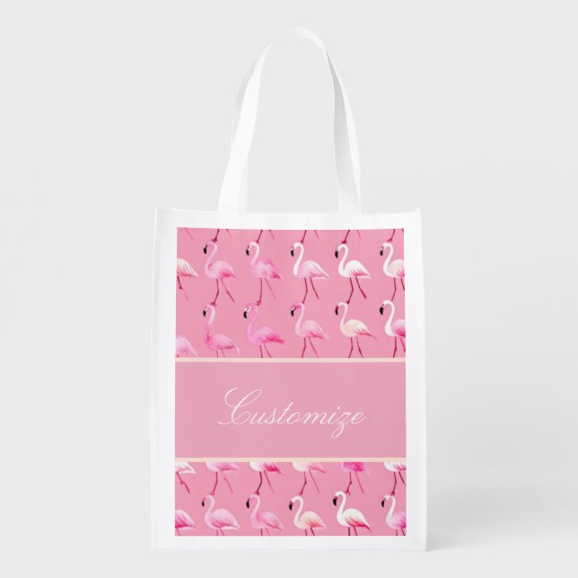 Custom Pink Flamingo Paradise Watercolor Pattern Grocery Bag (Back)
