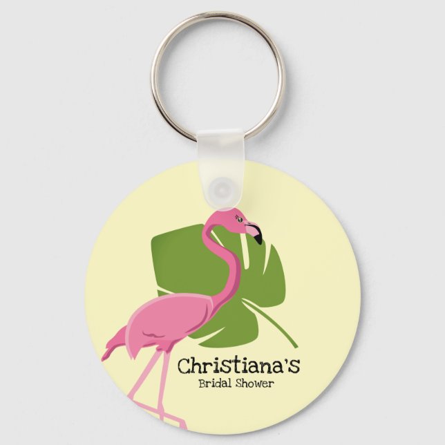 Custom Pink Flamingo Tropical Bridal Shower Keychain (Front)
