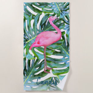 Custom Pink Flamingo Tropical Leaves Modern Beach Towel