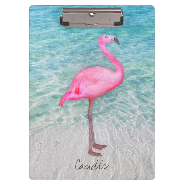 Custom Pink Flamingo Tropical Sandy Beach Modern Clipboard (Front)