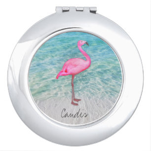 Custom Pink Flamingo Tropical Sandy Beach Modern Compact Mirror