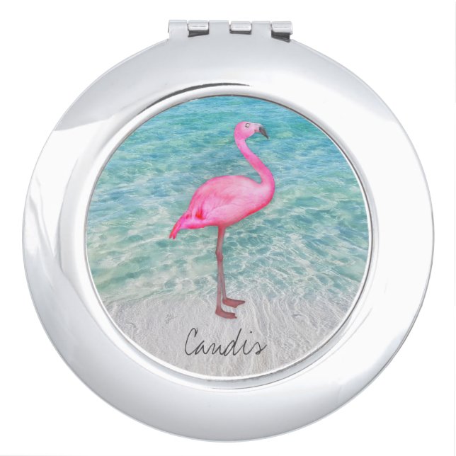Custom Pink Flamingo Tropical Sandy Beach Modern Compact Mirror (Front)