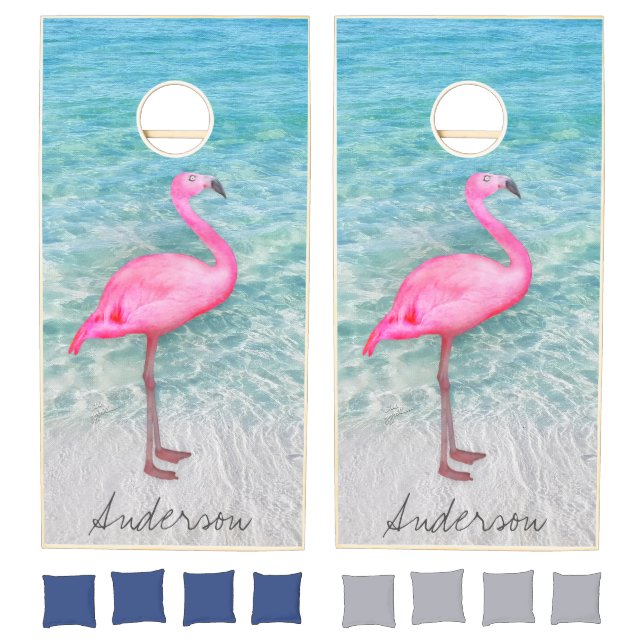 Custom Pink Flamingo Tropical Sandy Beach Modern Cornhole Set (Set)