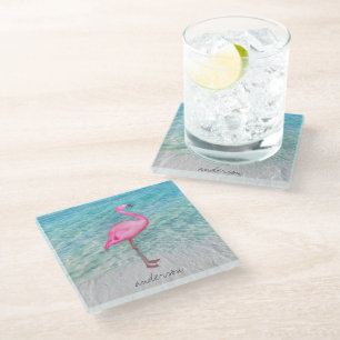 Custom Pink Flamingo Tropical Sandy Beach Modern Glass Coaster