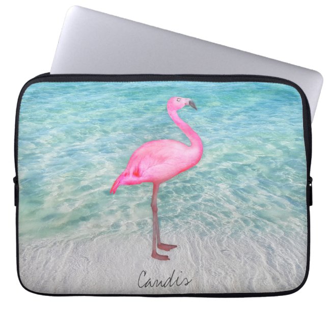 Custom Pink Flamingo Tropical Sandy Beach Modern Laptop Sleeve (Front)