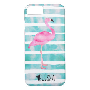 Custom Pink Flamingo Turquoise Blue Stripes iPhone 8/7 Case