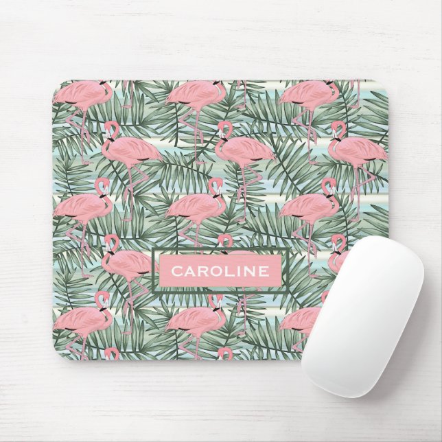 Custom Pink Flamingoes Green Palm Leafs Pattern Mouse Pad (With Mouse)