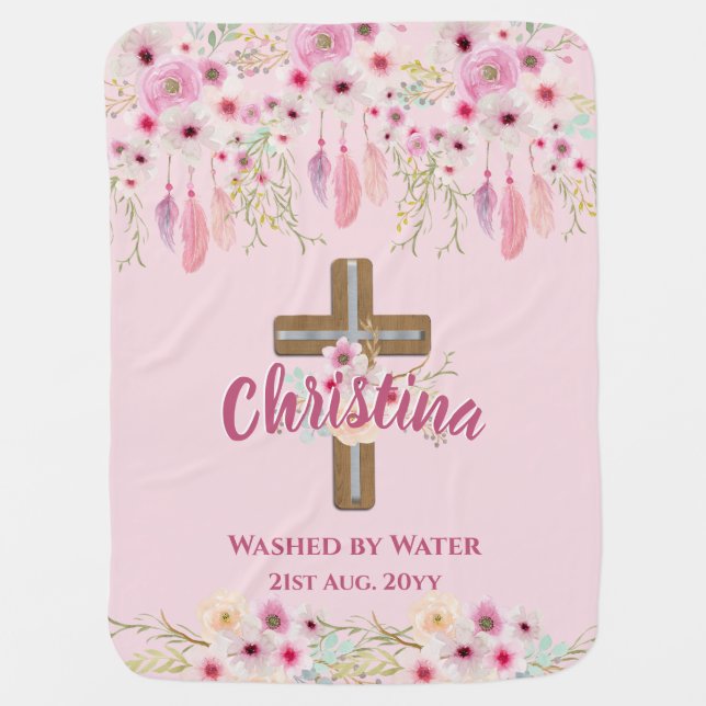 Custom Pink Floral Boho Girls BAPTISM CHRISTENING  Baby Blanket (Front)