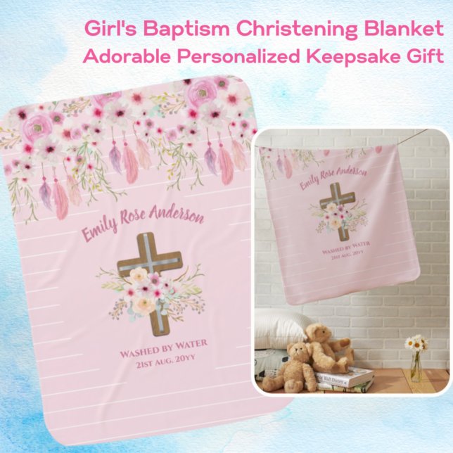 Custom Pink Floral Boho Girls BAPTISM CHRISTENING Baby Blanket (Creator Uploaded)