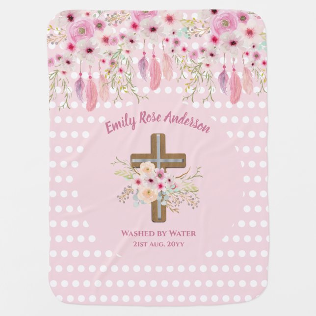 Custom Pink Floral Boho Girls BAPTISM CHRISTENING  Baby Blanket (Front)