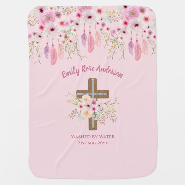Custom Pink Floral Boho Girls BAPTISM CHRISTENING  Baby Blanket (Front)