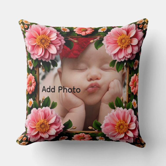 Custom Pink Floral Frame with Elegant Blossoms Throw Pillow (Front)