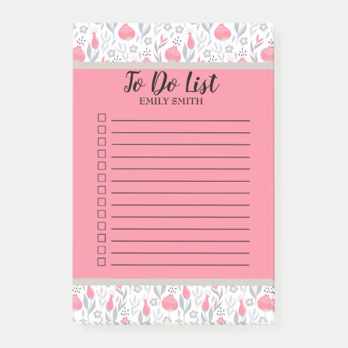 Custom Pink Floral Gray White Checkbox To Do Post_it Notes
