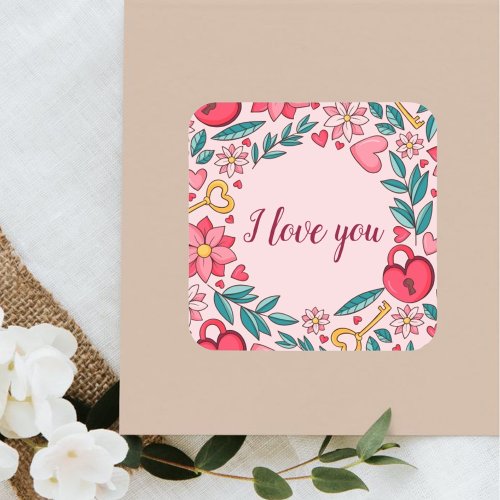 Custom Pink Floral Heart I love You Mothers Day Square Sticker