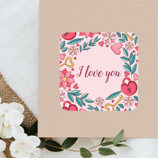 Custom Pink Floral Heart I love You Mothers Day Square Sticker (Creator Uploaded)
