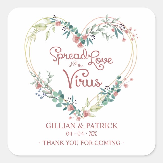 Custom Pink Floral Heart Wedding Sanitizer Gel Square Sticker (Front)