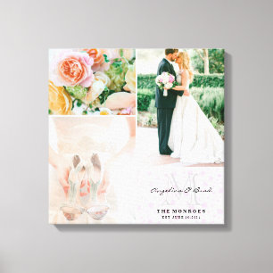 Custom Pink Floral Monogram Wedding Photo Collage Canvas Print