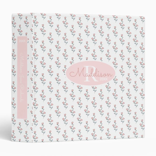 Custom Pink Floral Pattern Pretty Name Year 3 Ring Binder (Front/Spine)