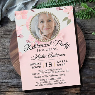 Custom Pink Floral Photo Retirement Party Invitation