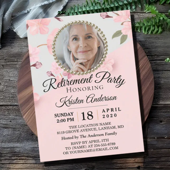 Custom Pink Floral Photo Retirement Party Invitation | Zazzle