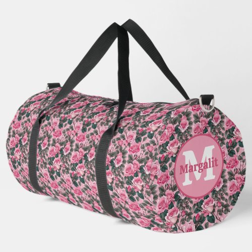 Custom Pink Floral Roses Monogram Large Duffel Bag