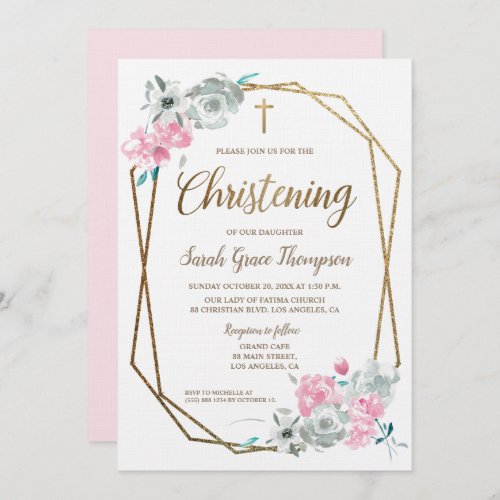 Custom Pink Floral Watercolor Baby Christening Invitation