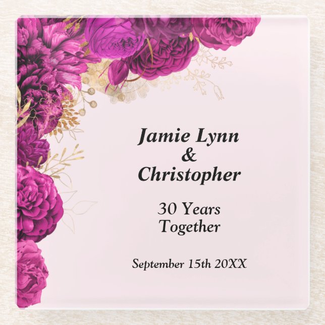 Custom Pink Floral Wedding Anniversary Glass Coaster (Front)