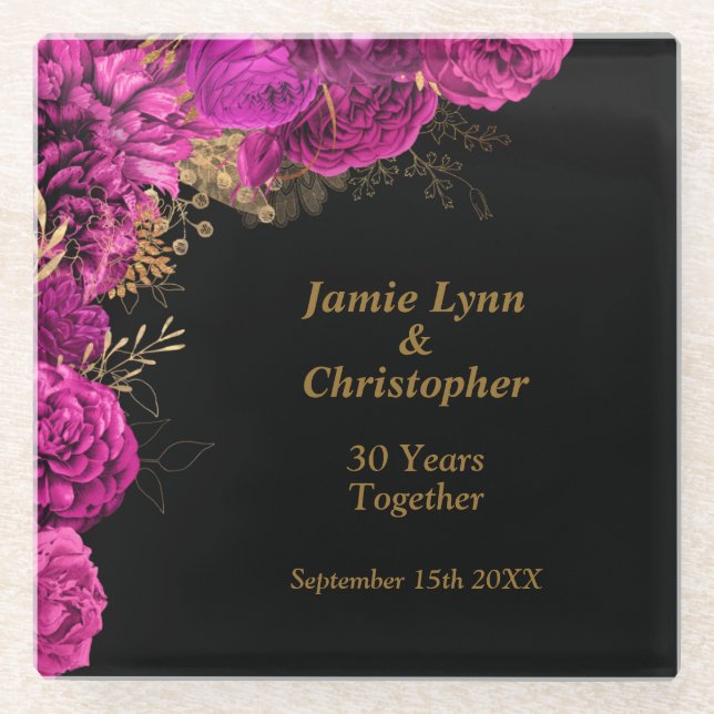 Custom Pink Floral Wedding Anniversary Glass Coaster (Front)