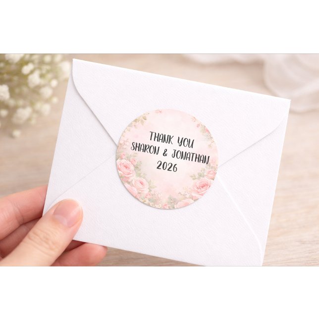 Custom Pink Floral Wedding Thank You Sticker (Creator Uploaded)